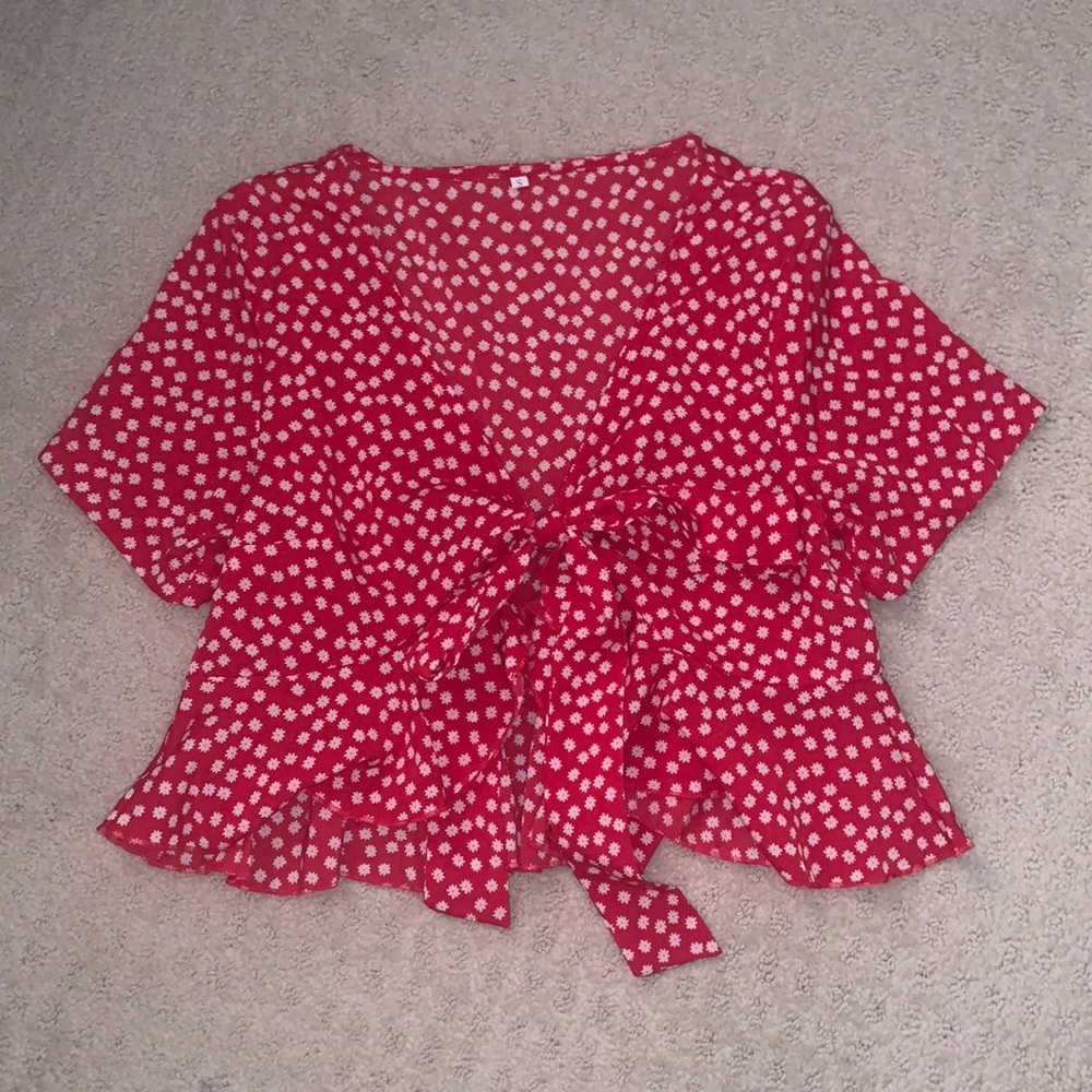 shein red and white floral tie top